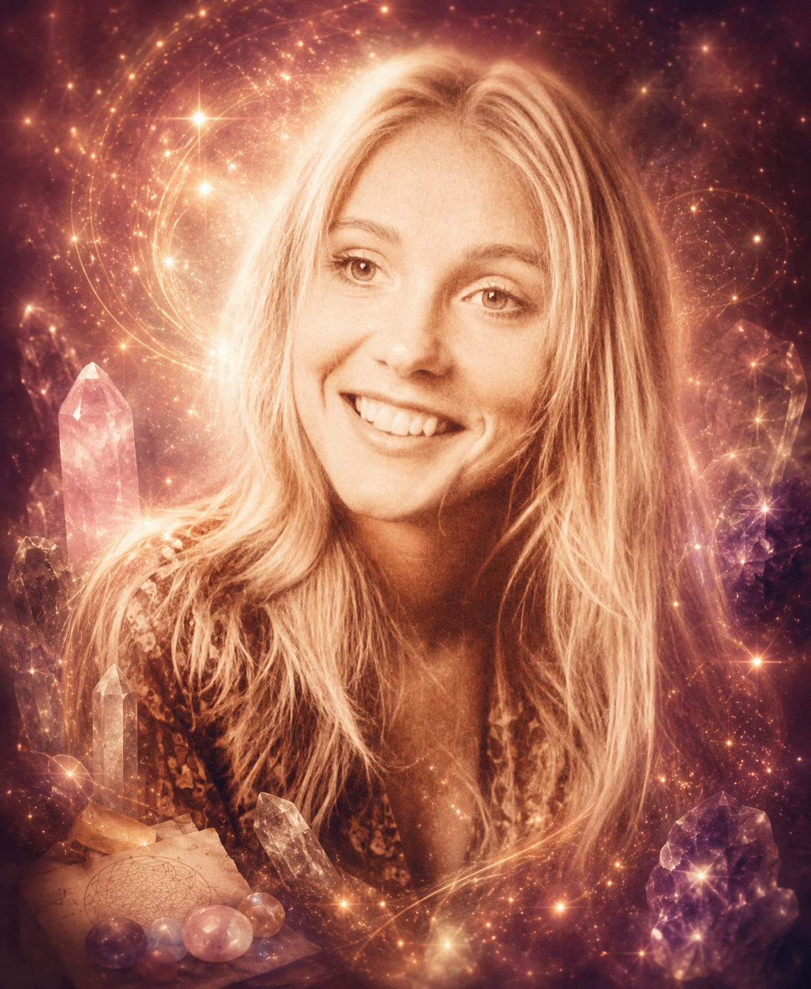 Andie Hudson in the 1960s, surrounded by crystals and golden light, when she began her crystal healing work