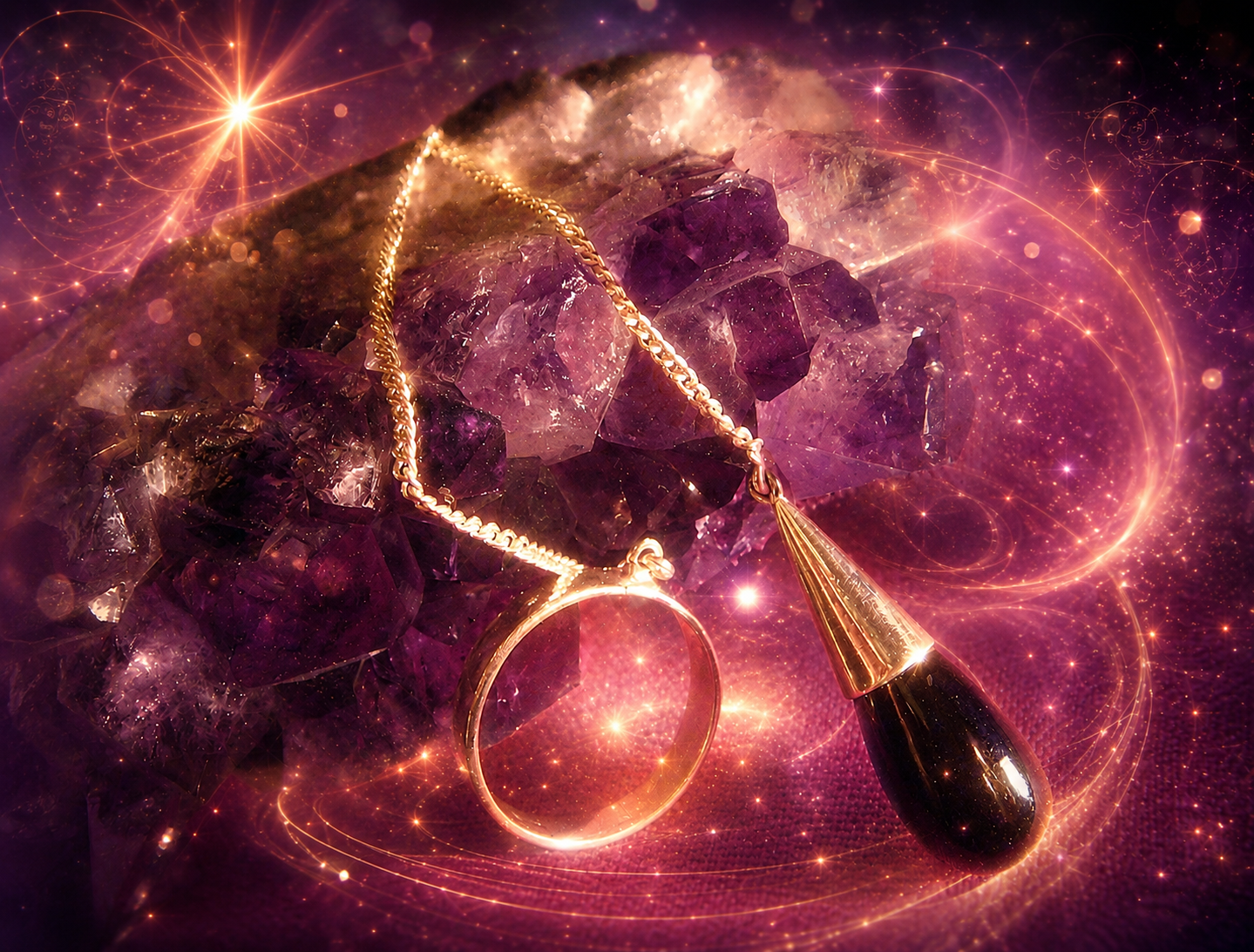 Crystal dowsing pendulum over amethyst — teaching crystal dowsing with Andie Hudson