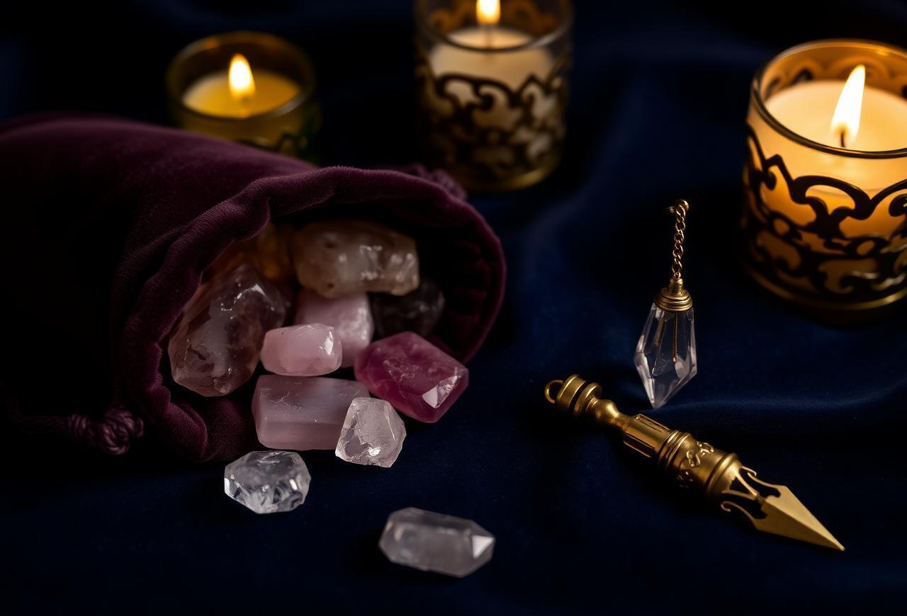 Velvet pouch of healing crystals beside a brass pendulum dowser