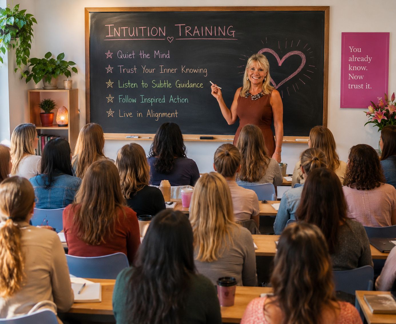 Andie Hudson leading a group intuition training class at a chalkboard